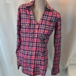 Plaid country style long sleeve glam top